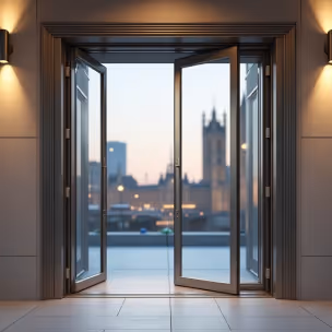 Double glass doors opening onto a balcony with city skyline view.