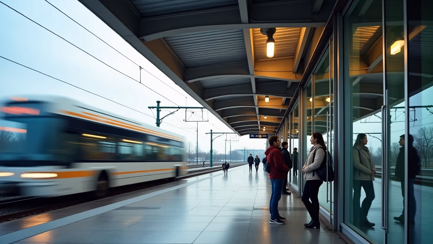A modern train platform with gray concrete and partial view of a yellow train.