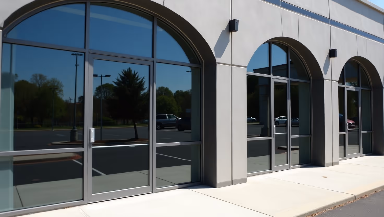 A modern building with a series of arched glass storefronts.