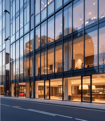 Multi-story glass-fronted building with warm interior lighting.