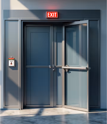 Grey emergency double doors with push bar and emergency call point.