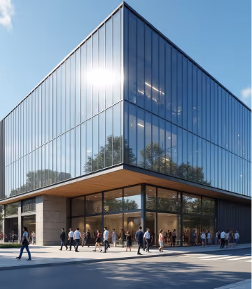 Modern building with continuous glass curtain walling facade.