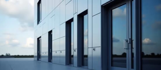 A modern building with reflective panels.