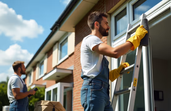 Two men in overalls working on windows of a brick house.