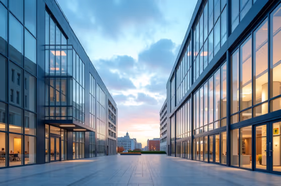 Twilight view between tall glass-fronted commercial buildings.