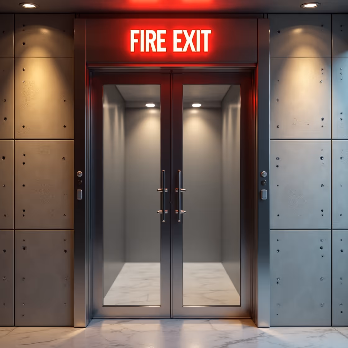 Commercial fire doors in a modern corridor setting.