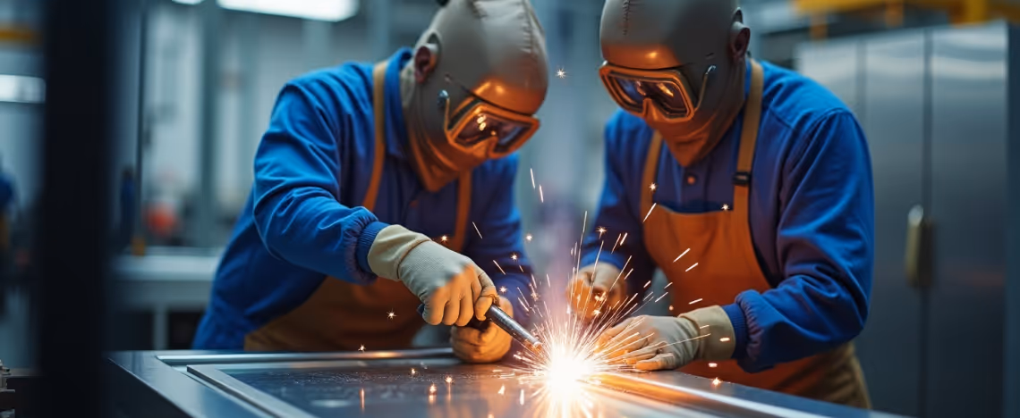 Two welders wearing safety gear work on a metal surface, creating bright sparks.