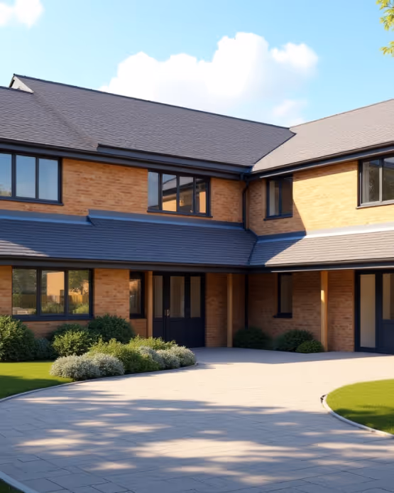 A modern L-shaped house with light brown brick walls and dark-framed windows.