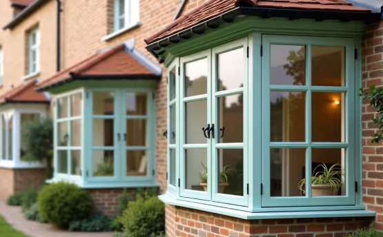 Close-up of two light green bay windows on a brick house.