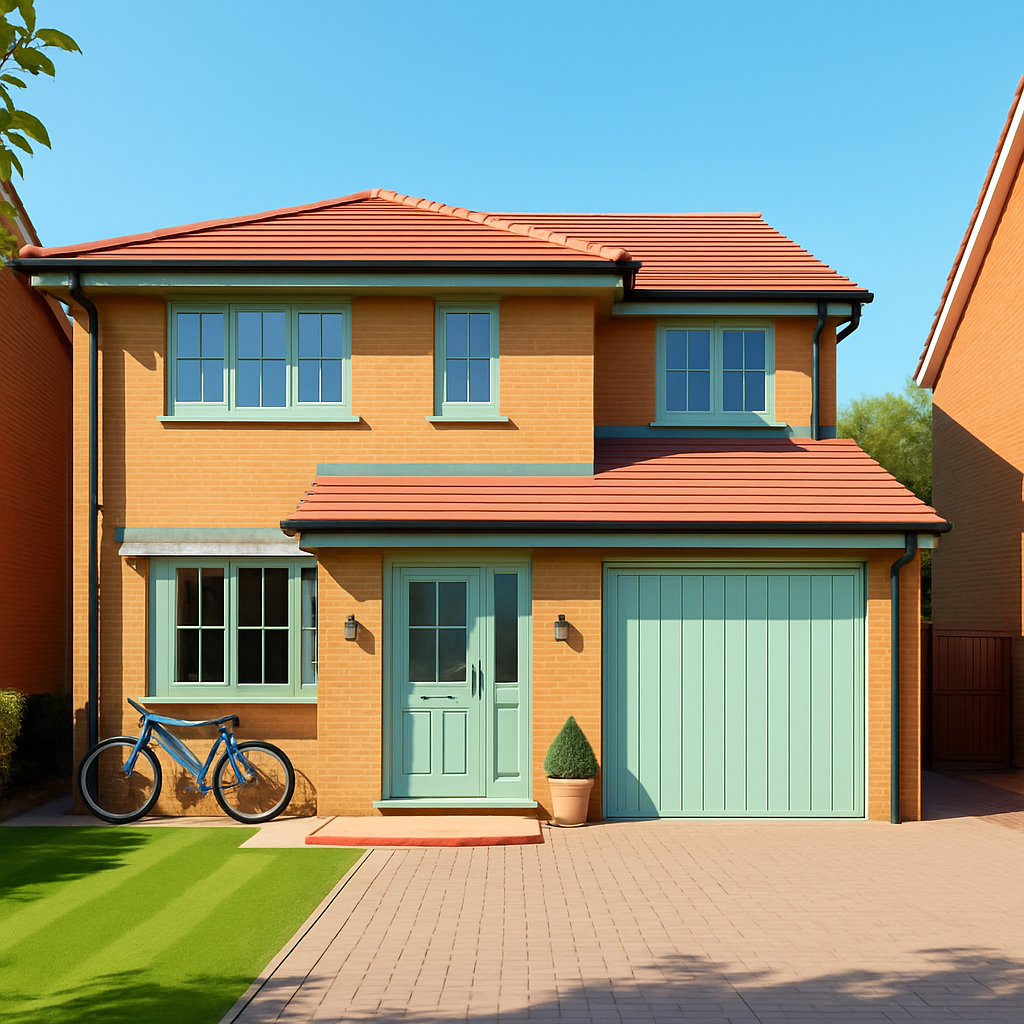 The same two-story house with green window frames, green garage door, and a green front door.