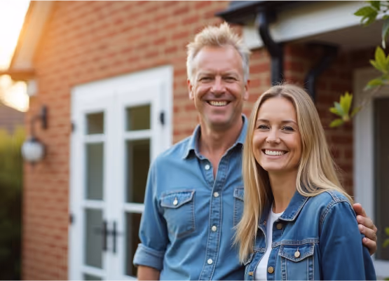 A smiling man and woman in front of a brick house with a white door.