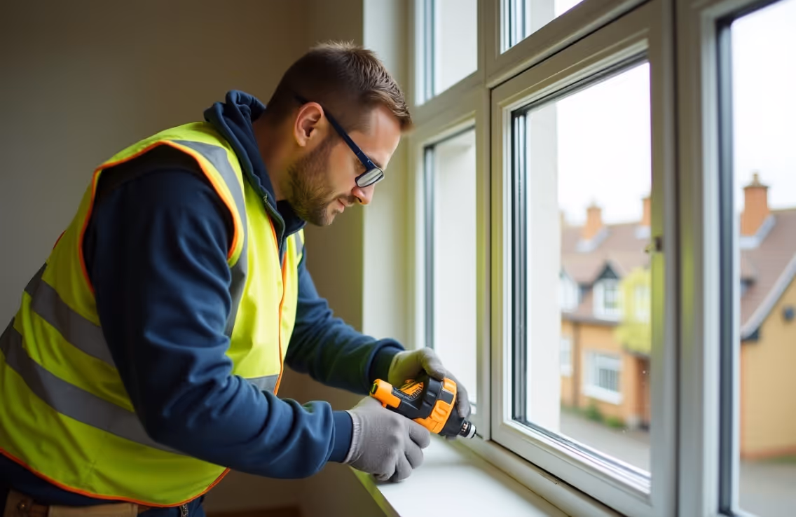 A worker installing a white window frame with houses visible outside.