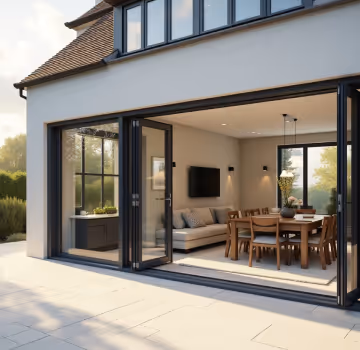  A set of modern, dark-framed bifold doors with glass panels opens to a patio with lush green grass.