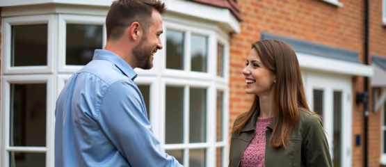 Smiling man and woman talking in front of a house with bay windows.