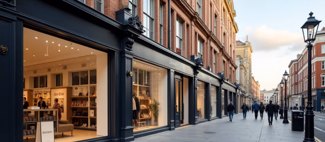 A sleek modern storefront in London with a black facade and large display windows.