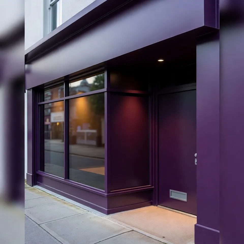 Beauty salon with violet aluminium window frames in the UK.