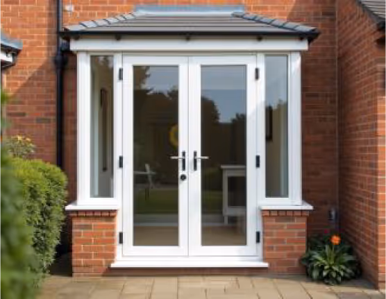 Glass double door with white frames opening to a garden.