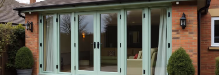 A set of light green bi-fold doors spanning the width of a brick house.