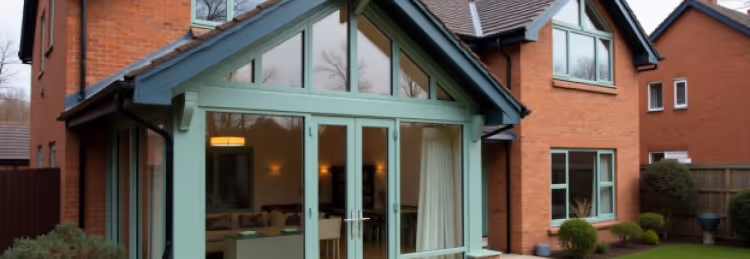 A red-brick house with light green window frames and a sunroom extension.