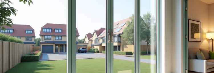 A view through a large glass door looking out onto a residential street.