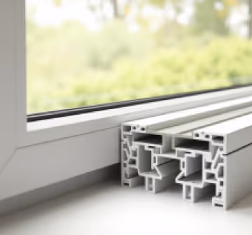 Close-up of white PVC window frame profiles.
