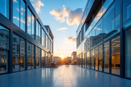 Modern glass-fronted buildings with warm sunlight reflection.