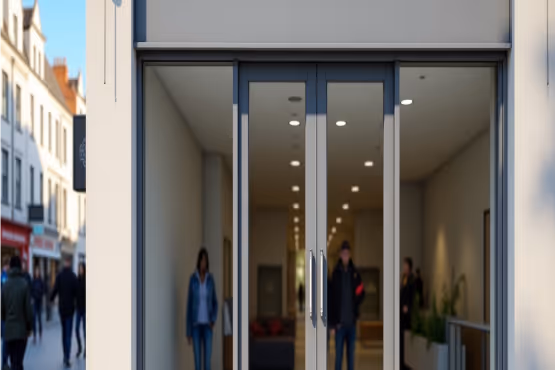 Modern glass doors with dark frames in a retail setting.