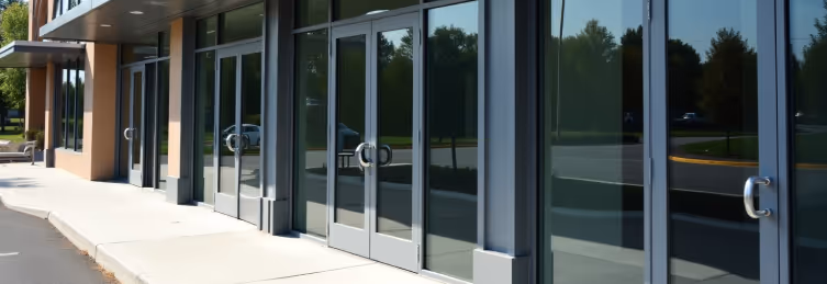 A modern building entrance with multiple glass doors and windows.