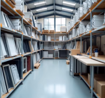 Interior of a window and door manufacturing warehouse.