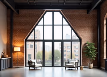 A large, triangular window with dark frames, divided into multiple panes.