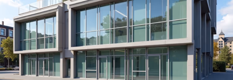 A modern, multi-story office building with a glass and concrete facade.