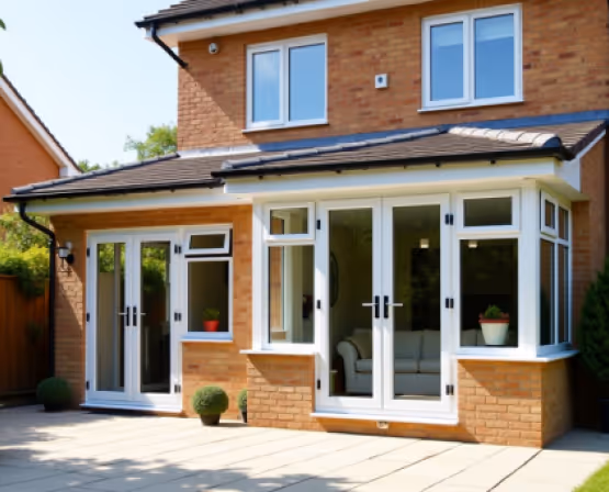 Modern brick house with white conservatory and French doors.