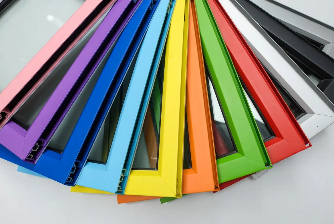 A fan of colourful window frames in pink, purple, blue, yellow, orange, green, and red.